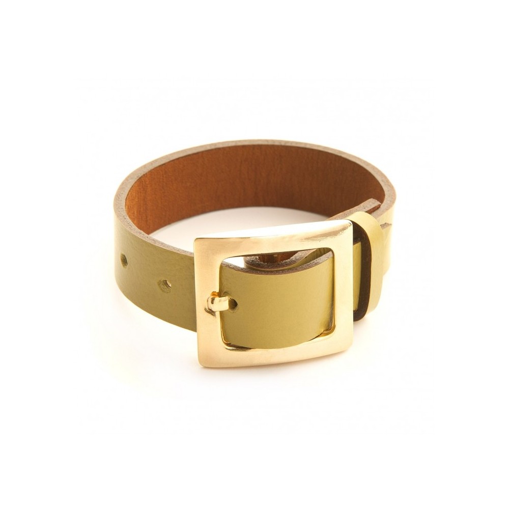 Leather bracelet and belt clasp in gold fashion jewellery.