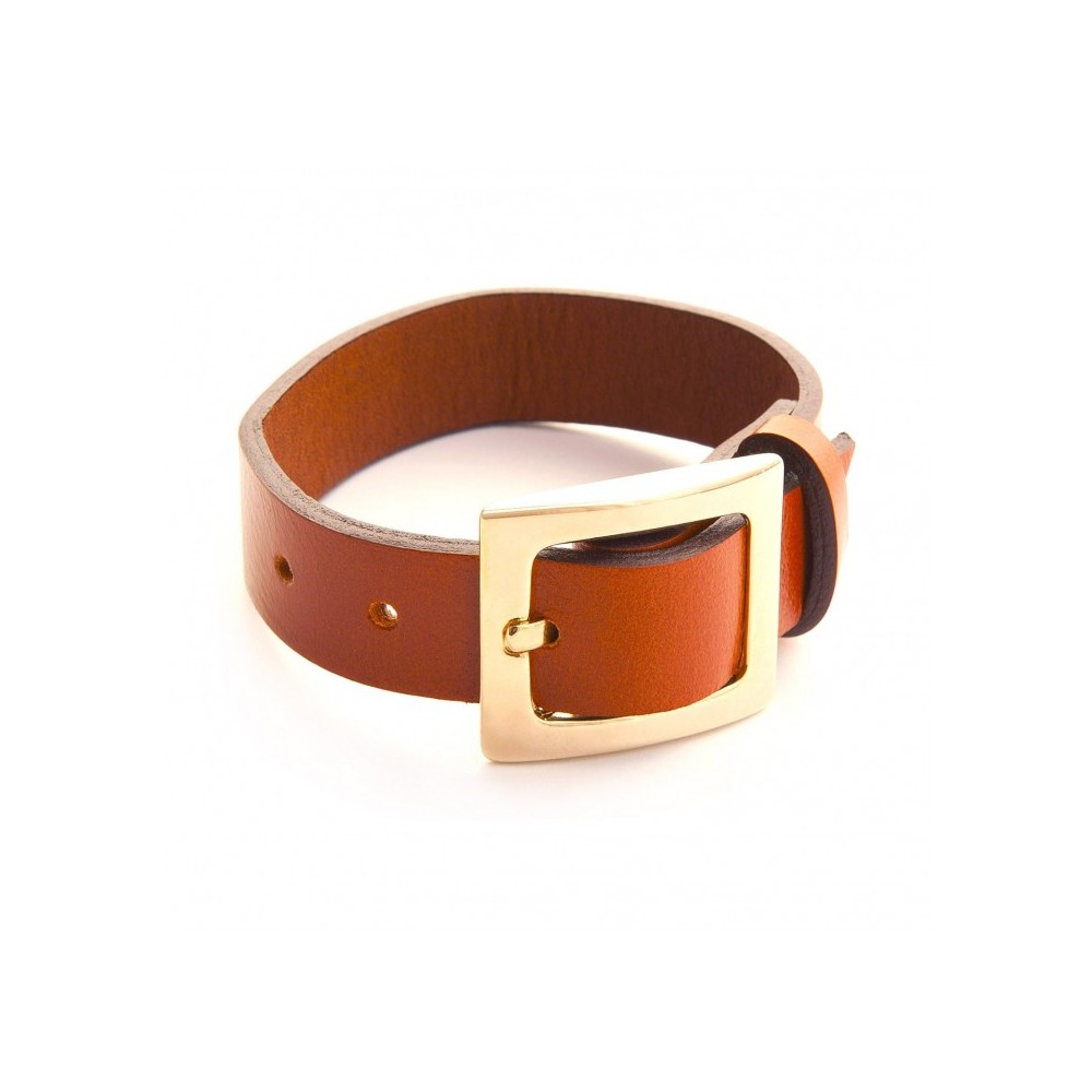 Leather bracelet and belt clasp in gold fashion jewellery.