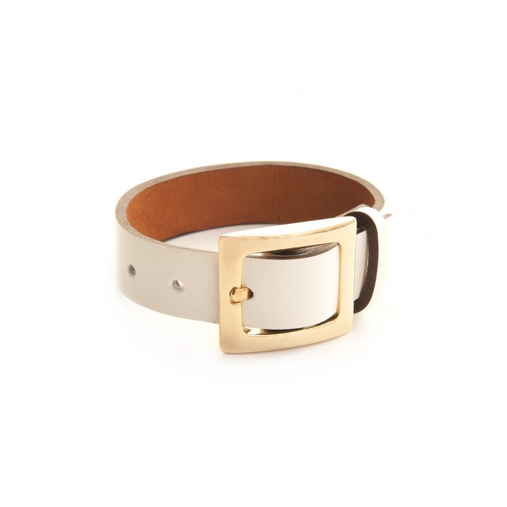 Leather bracelet and belt clasp in gold fashion jewellery.