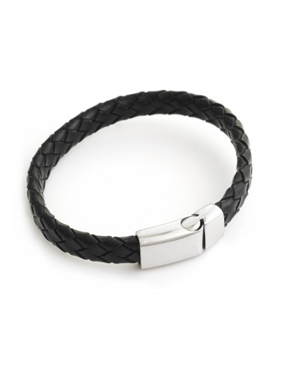 Flat and plaited leather bracelet and magnetic clasp.