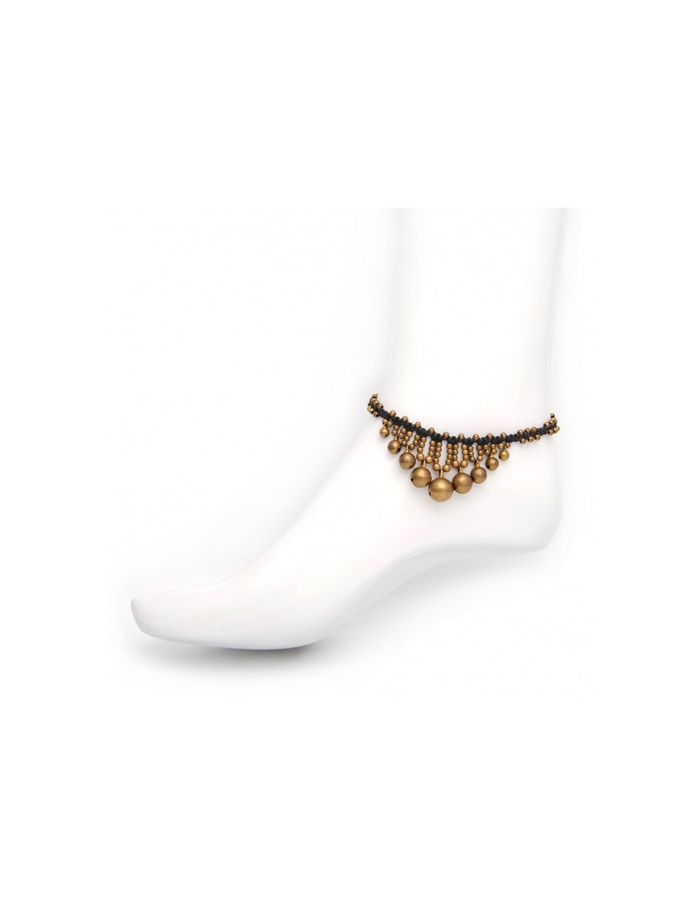 Anklet plaited in macramé with brass bells.