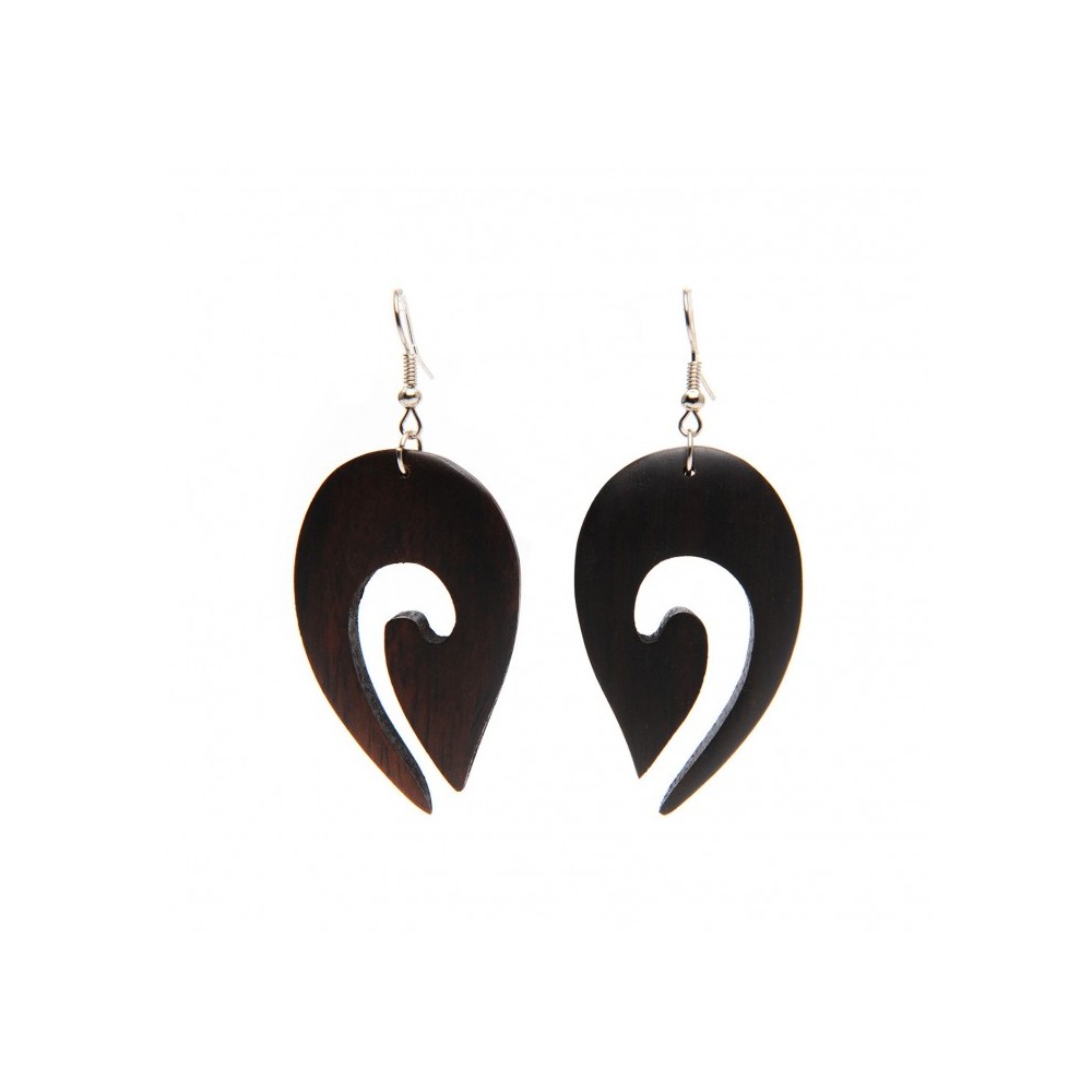 Tropical wood earrings in tribal wave shape.