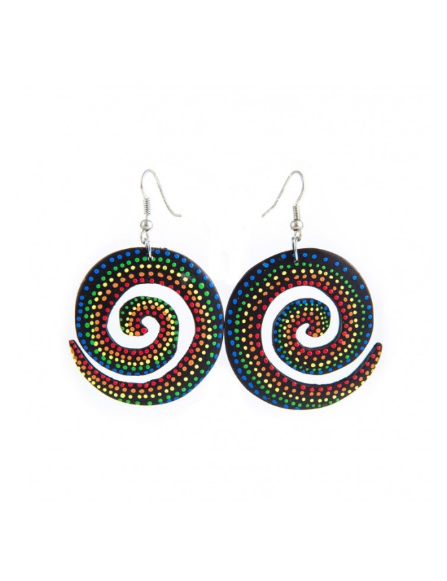 Tropical wood earrings in spiral shape and polka-dot painting.