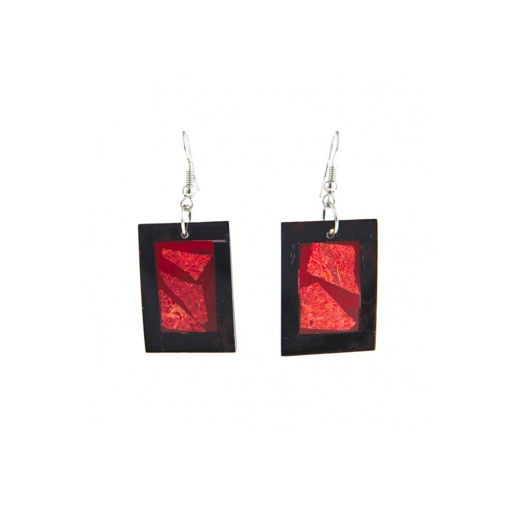 Black shell and red coral earrings in rectangle shape