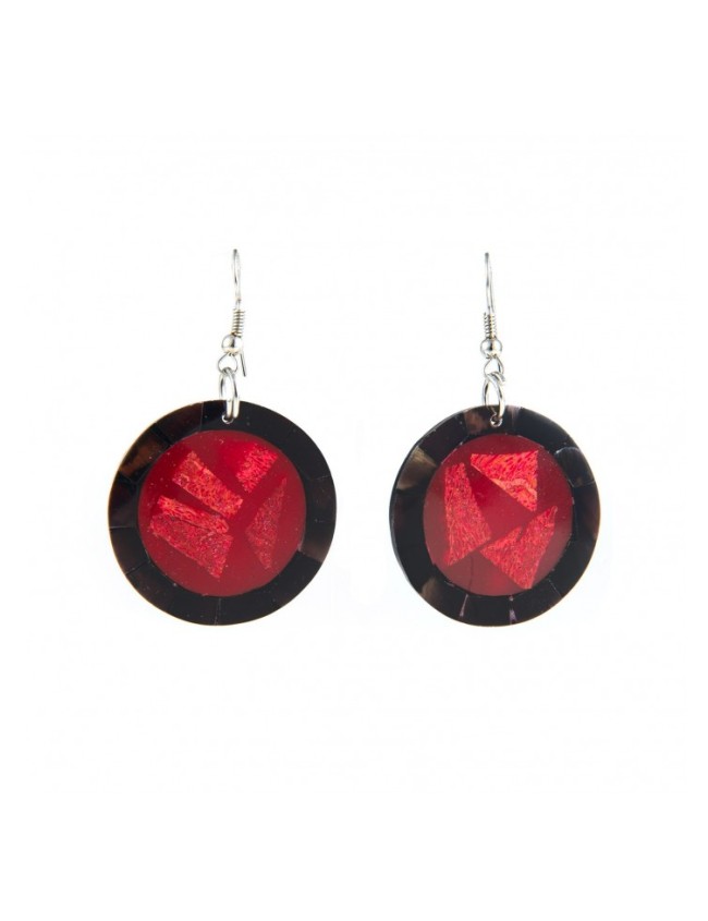 Boucles d'oreilles rondes en coquillage noir et coral rouge.