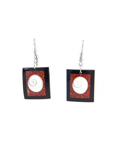 Black shell and red coral earrings in rectangle shape with shiva eyes shell